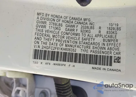 2019 Honda Civic Lx z USA, uszkodzony, nr VIN 2HGFC2F61KH606352